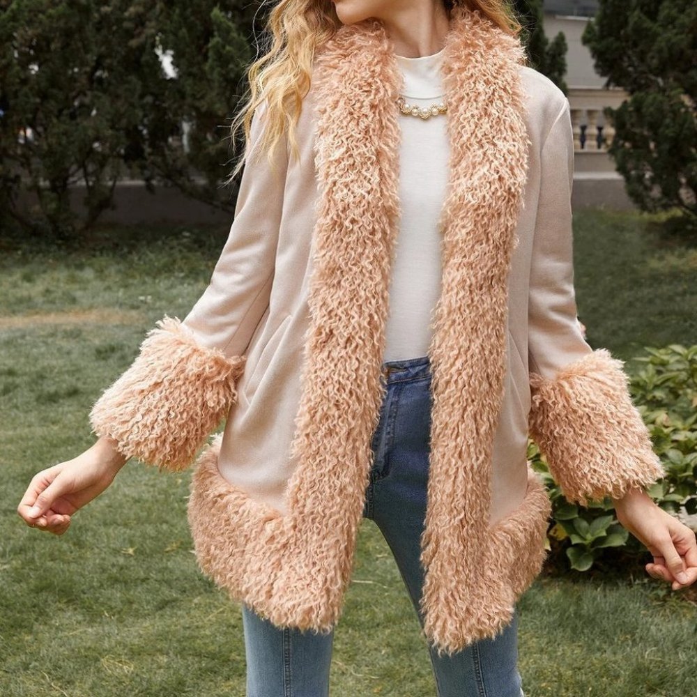 boho faux fur faux leather edge detailing coat jacket - Picture 6 of 12